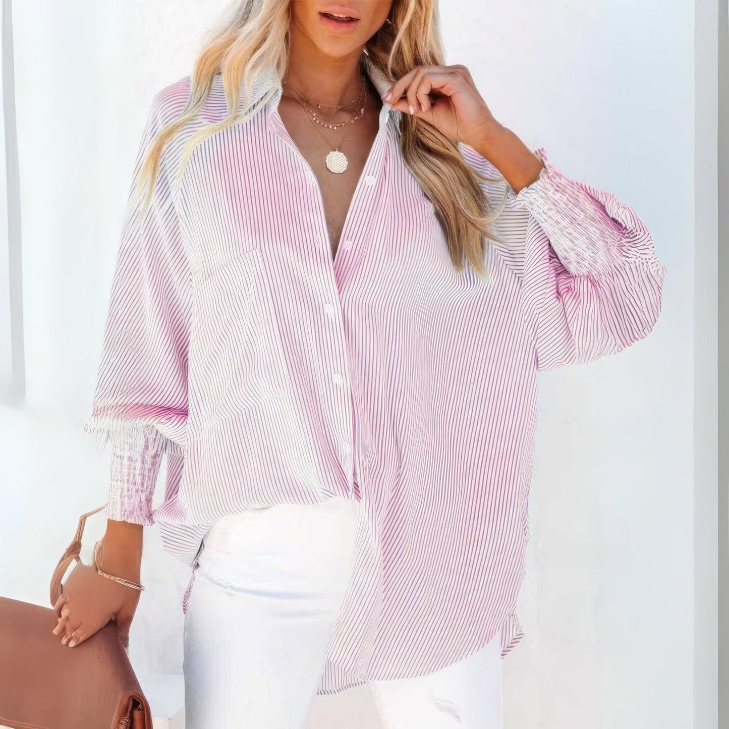 Mid-Length Shirt With Striped Lapel And Oversized Drawdown Sleeves (BUY 2 GET 1 FREE)