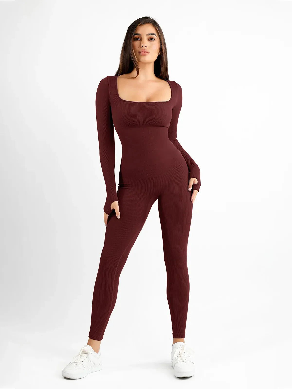 Popilush? Yoga Activewear Jumpsuit Winter Red / S The Shapewear Jumpsuit Seamless Thumb Hole Square Neck Long Sleeve